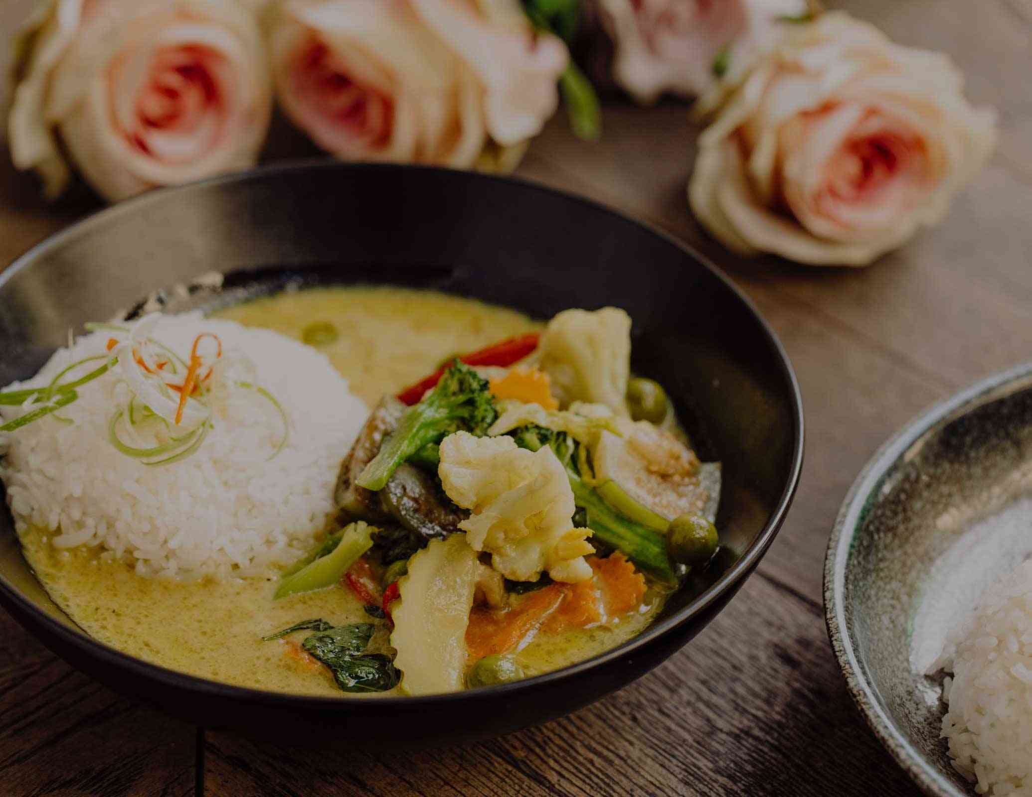 Vegetable yellow curry with jasmine rice at Siamais