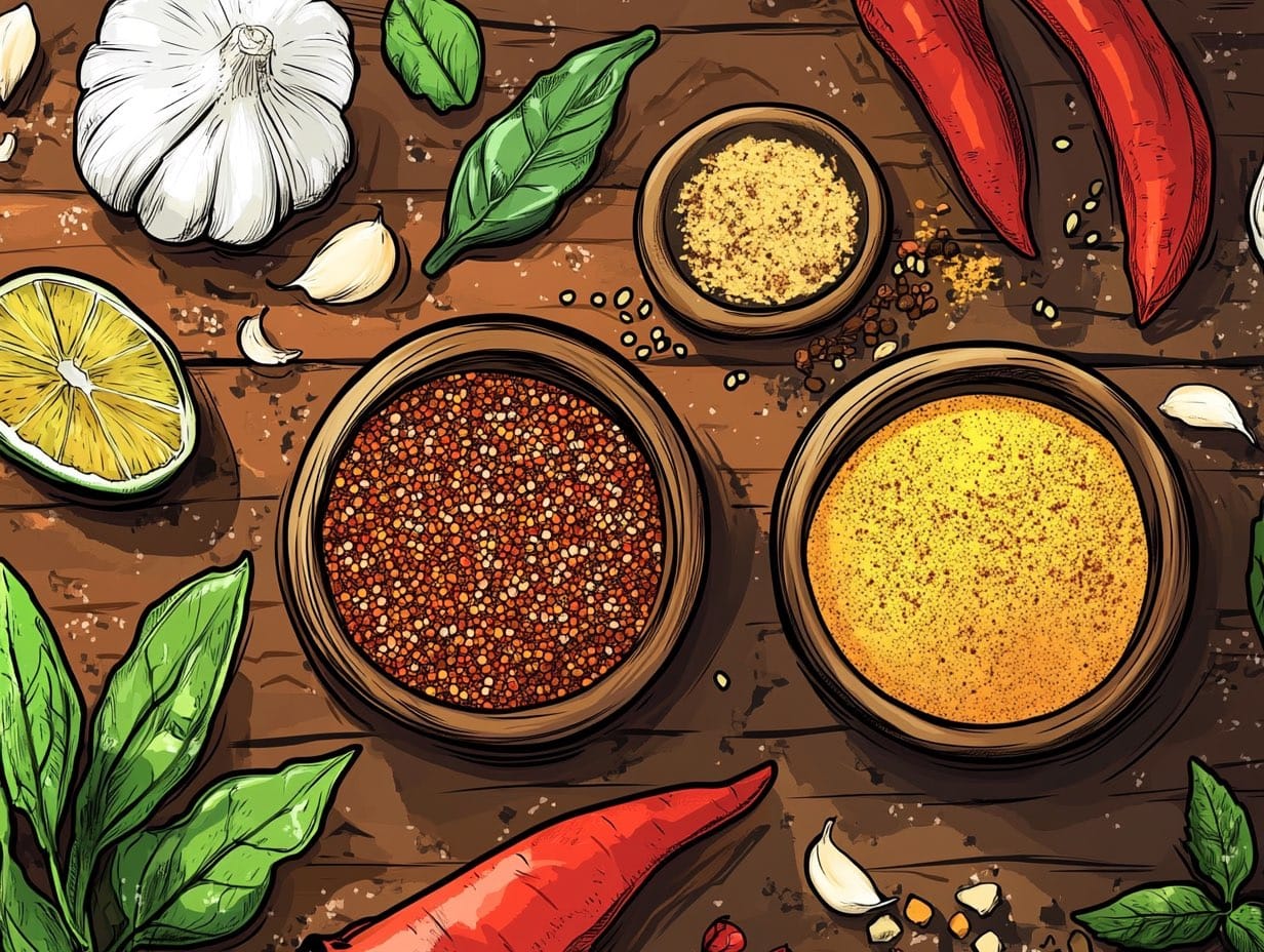 Bowls of Thai spices, dried chillies and fresh herbs used to balance sweet, spicy, sour and salty flavours