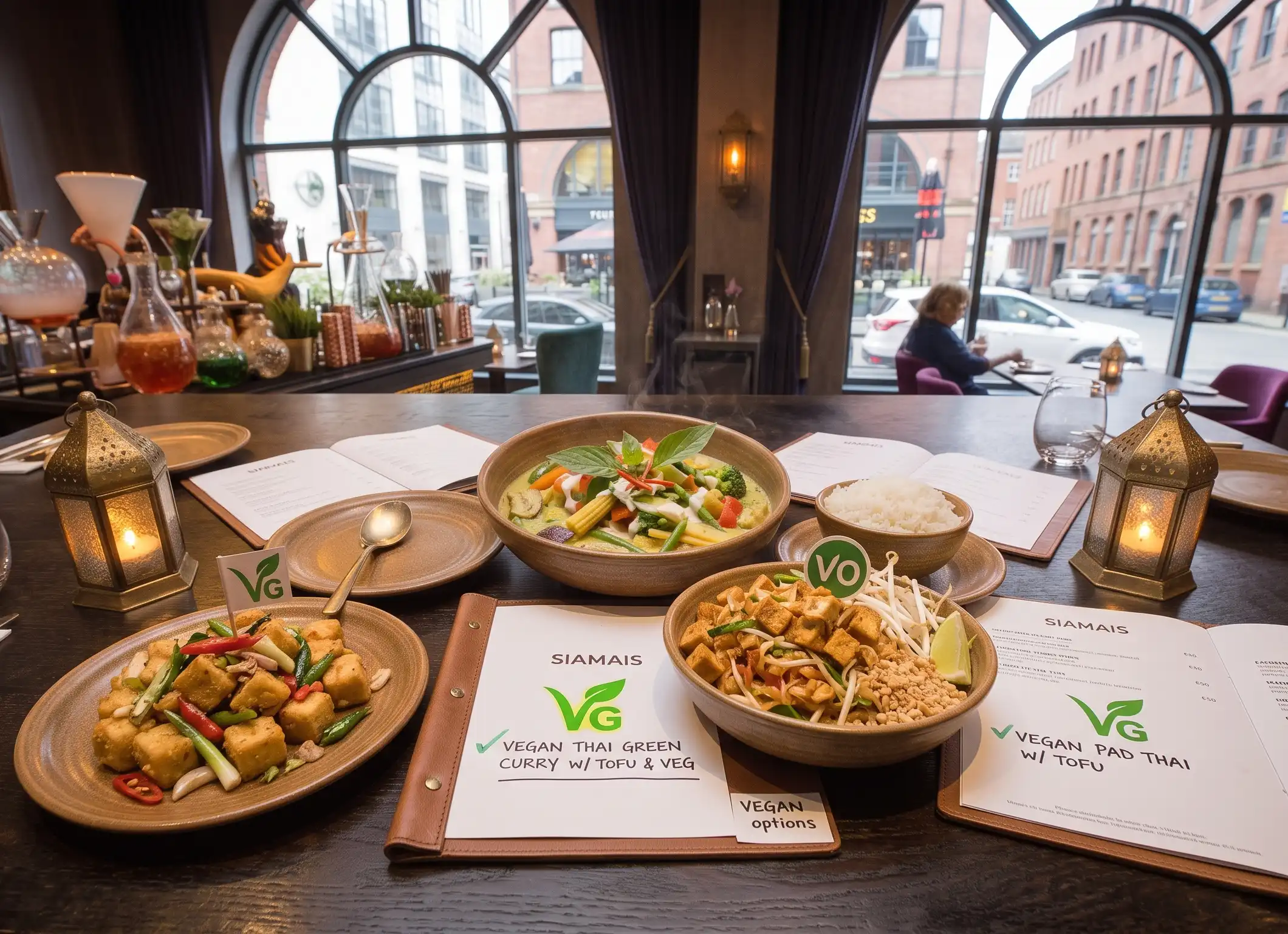 Thai vegetable curry and tofu dishes marked vegan on Siamais menu Birmingham